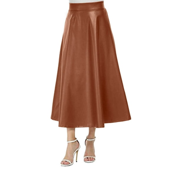 Lisingtool leather skirt Womens Solid Color High Waist Leather Skirt A Line Long Skirts Khaki
