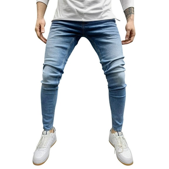 Lisingtool mens jeans Mens Casual Fitness Solid Bodybuilding Pocket Skin Full Length Sports Pants skinny jeans men Blue