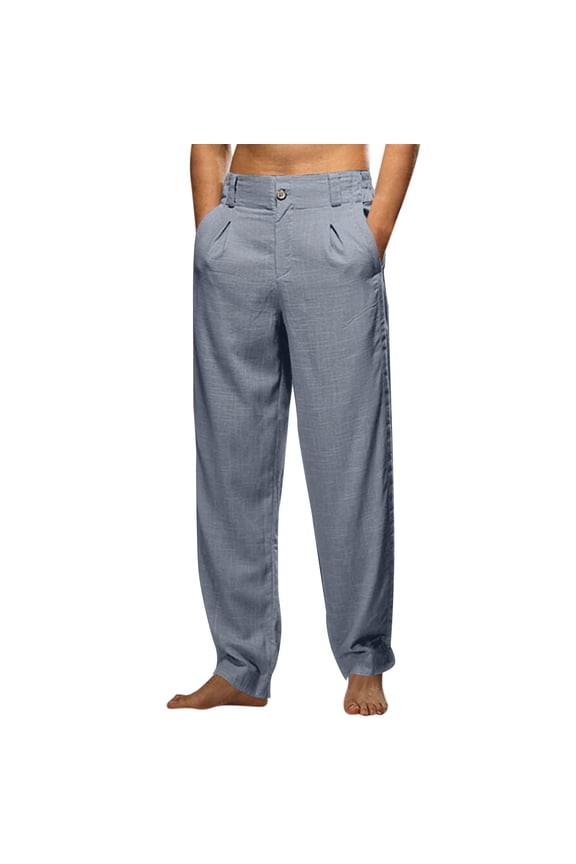 mens pants Mens Fashion Casual Solid Color Try Breathable Linen Pocket Elastic Waist Large Size Pants Trousers Blue