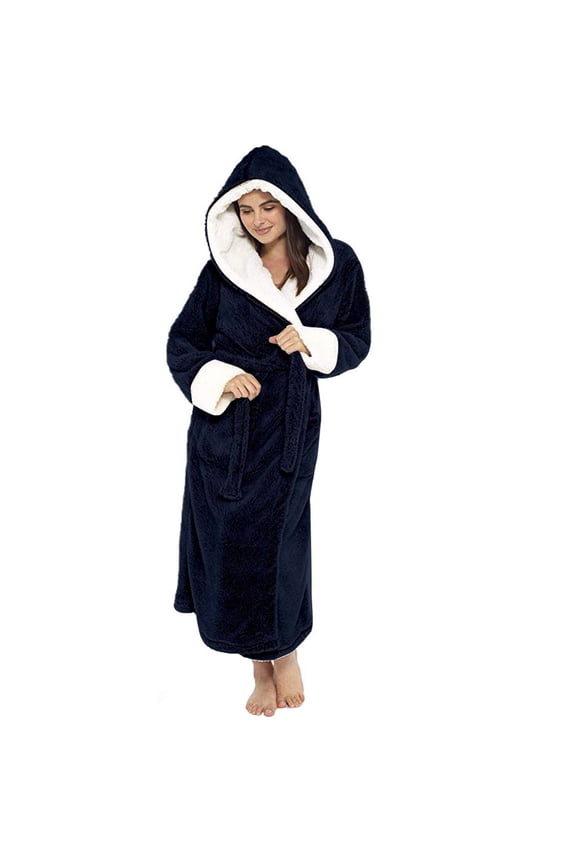 robes for women women winter plush lengthened shawl bathrobe home clothes long sleeved robe coat dark blue