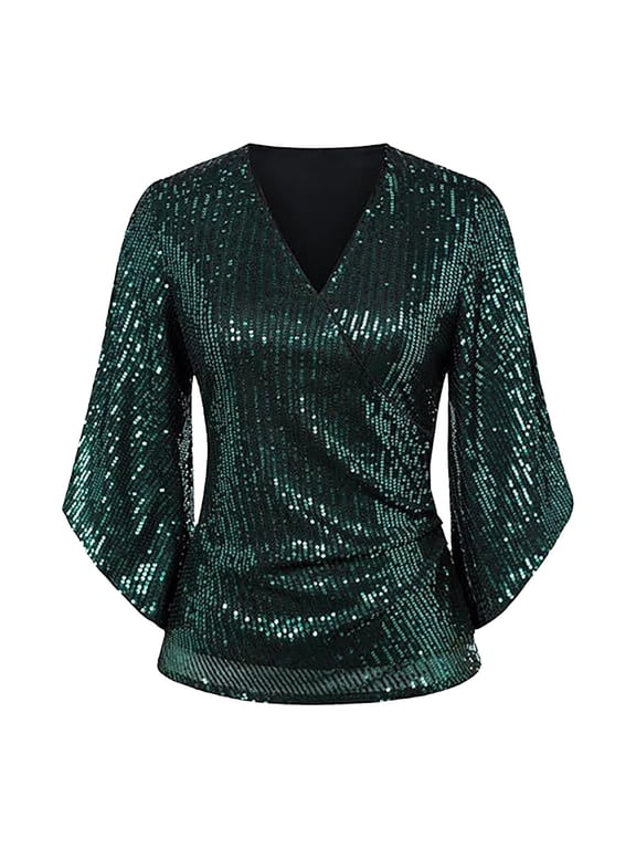 shirts for women trendy Womens Sequin Tops 3/4 Sleeve Glitter Sparkly Party Blouse V Neck Dressy Tops For Evening Party AG