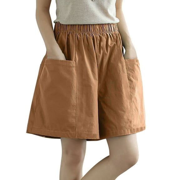 Lisingtool shorts for women Women's Casual Bermuda Shorts Elastic Waist Cotton Linen Shorts With Pockets Knee Length Beige