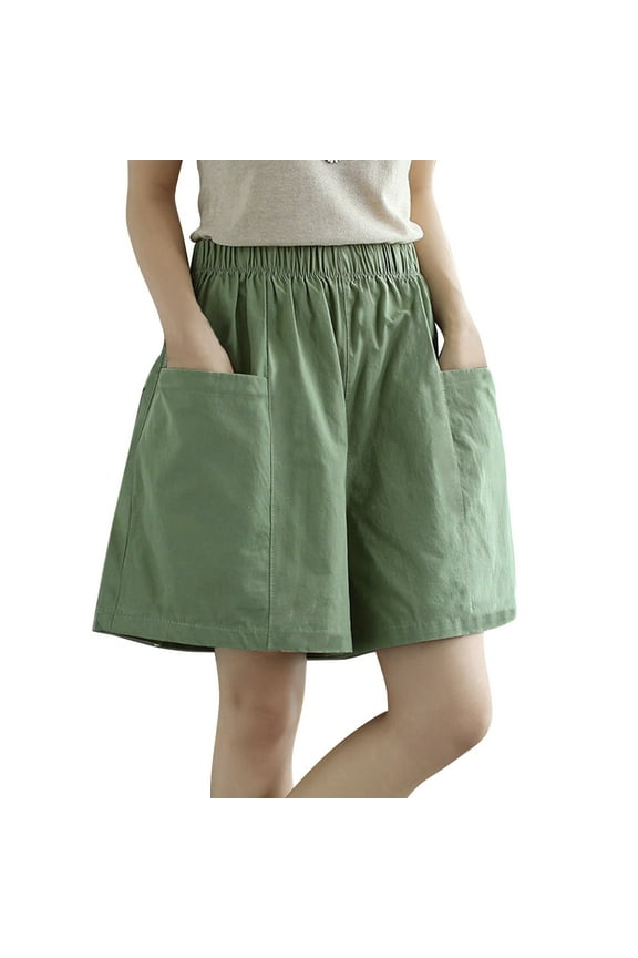 shorts for women Women's Casual Bermuda Shorts Elastic Waist Cotton Linen Shorts With Pockets Knee Length Green