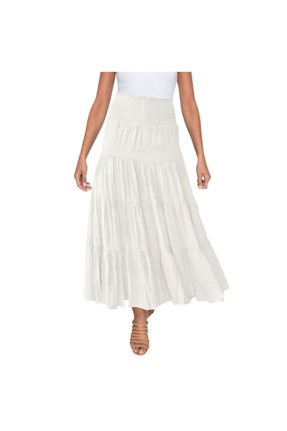 skirts for women Women's Summer Elastic High Waist Boho Maxi Skirt Casual Drawstring A Line Long Skirt White