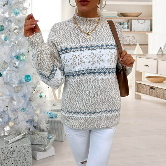 Labakihah sweaters for women Women's Christmas Snowflake Sweater Turtleneck Vintage Holiday Knit Sweater Pullover Beige L