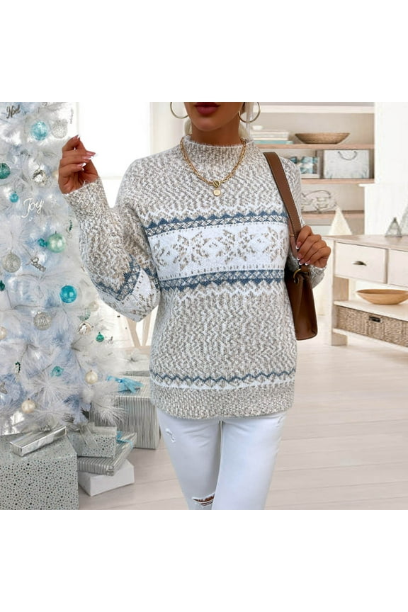 sweaters for women Women's Christmas Snowflake Sweater Turtleneck Vintage Holiday Knit Sweater Pullover Beige L