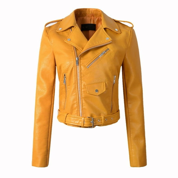 Lisingtool winter coats for women Women Ladies The Belt Fashion Leather Racing Style Biker Jacket womens tops Yellow