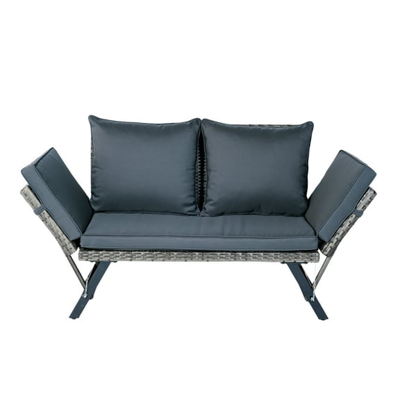 Lisonu 1 PCS Patio Wicker Side Foldable Bench Patio Backyard Conversation Bench Grey Wicker + Dark Grey Cushion