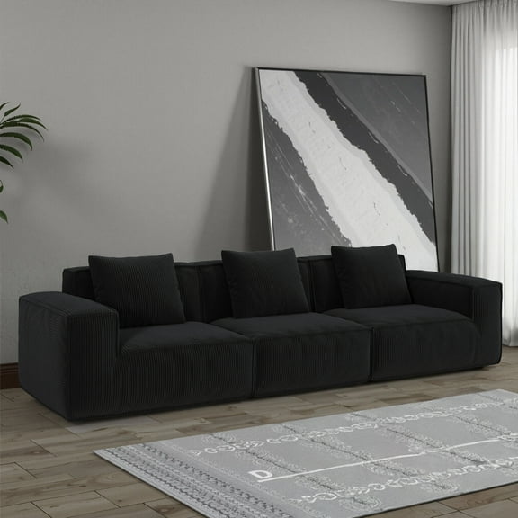 Lisonu 118" Oversized Modular Cloud Sofa, Plush Deep Seat Sectional in Black Corduroy, No-Assembly Convertible Sofa Bed