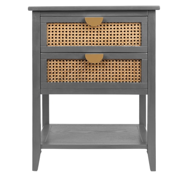 Lisonu 2-Drawer Side Table - Natural Rattan - End Table - Suitable for Bedroom, Living Room, or Study - Gray MDF