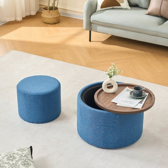 Lisonu 2-Pack Nesting Storage Ottoman Set — Blue Linen Upholstered Round Footstools with Removable Wood Tray, Hidden Storage, Nesting Coffee Table & Extra Seating (22.75" & 15.75")