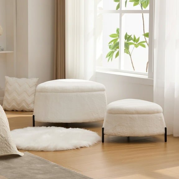 Lisonu 2-Piece Nesting Storage Ottoman Set, Multi-Functional Coffee Table with Reversible Tray Top & Hidden Inner Stool, Faux Fur, Ivory