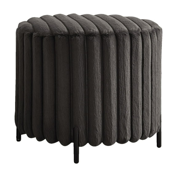 Lisonu 22.05" Wide Upholstered Round Pouf Ottoman Foot Rest with Black Metal Legs, Faux Fur Finish, Charcoal