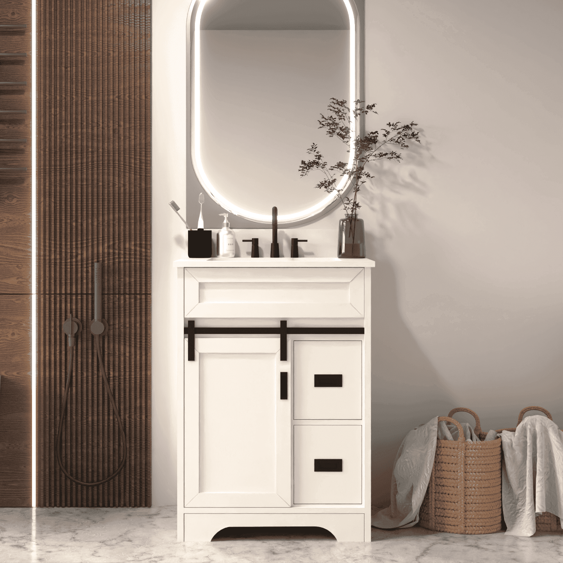 Lisonu 24" Bathroom Vanity with Single Sink, Farmhouse Cabinet with Sliding Barn Door, 2 Drawers and Engineered Stone Countertop, White