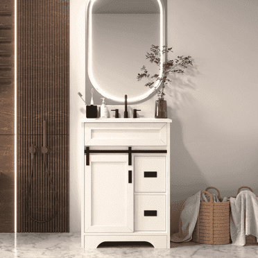 Lisonu 24" Bathroom Vanity with Single Sink, Farmhouse Cabinet with Sliding Barn Door, 2 Drawers and Engineered Stone Countertop, White