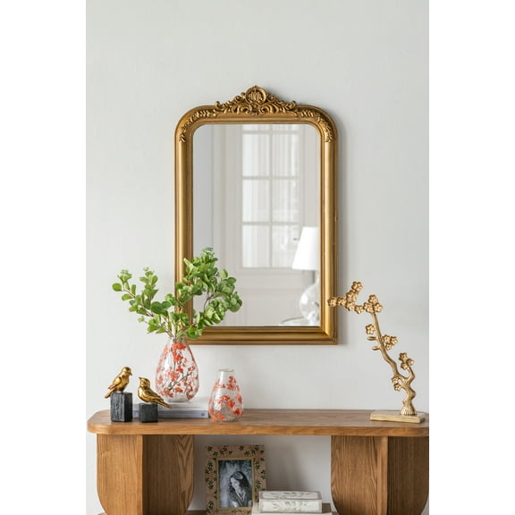 Lisonu 24x38" Arched Wall Mirror with Ornate Gold Crest, Rococo Style Decorative Accent Mirror, MDF Wood Frame for Entryway, Living Room, or Bedroom