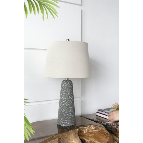 Lisonu 26-Inch Modern Cone Table Lamp, Speckled Black Stone Base with Beige Drum Shade, Mid-Century Accent Lamp for Living Room End Table or Bedroom Nightstand