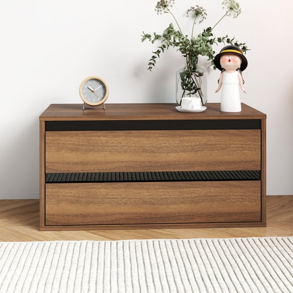 Lisonu 28" Stackable Storage Cabinet with 2 Drawers, Modern Particle Board Organizer Shelf for Closet & Bedroom, Modular Design, Walnut