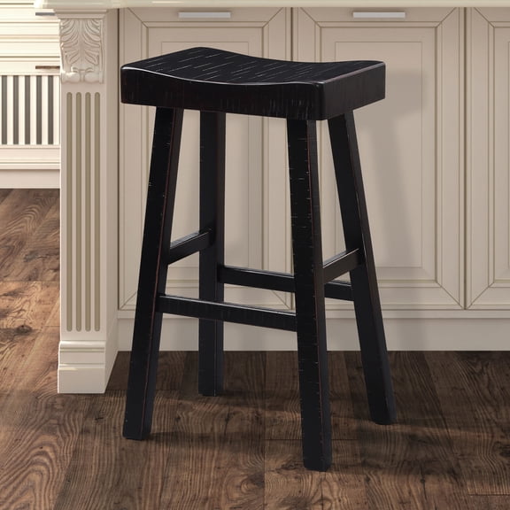 Lisonu 29-Inch Bar Stools Set of 2, Traditional Solid Wood Backless Barstools with Contour Seat for Kitchen Island, Counter Height Dining Chairs, Black