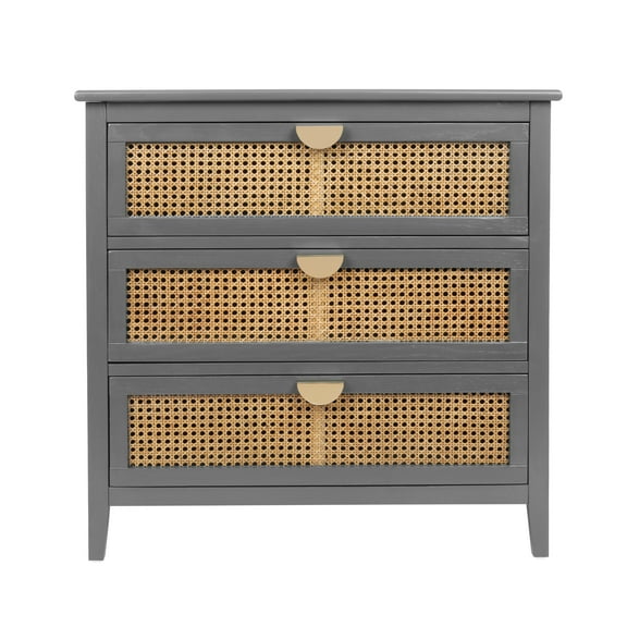 Lisonu 3-Drawer Cabinet - Natural Rattan - American Furniture - Suitable for Bedroom, Living Room, or Study - Gray MDF