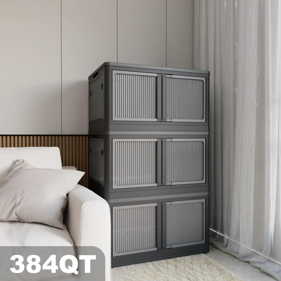 Lisonu 3-Pack Large Transparent Storage Bins with Wheels, 384QT Black Stackable Organizers with 5-Door Access, Collapsible Storage Containers for Bedroom, Closet, Living Room & Kids' Toys