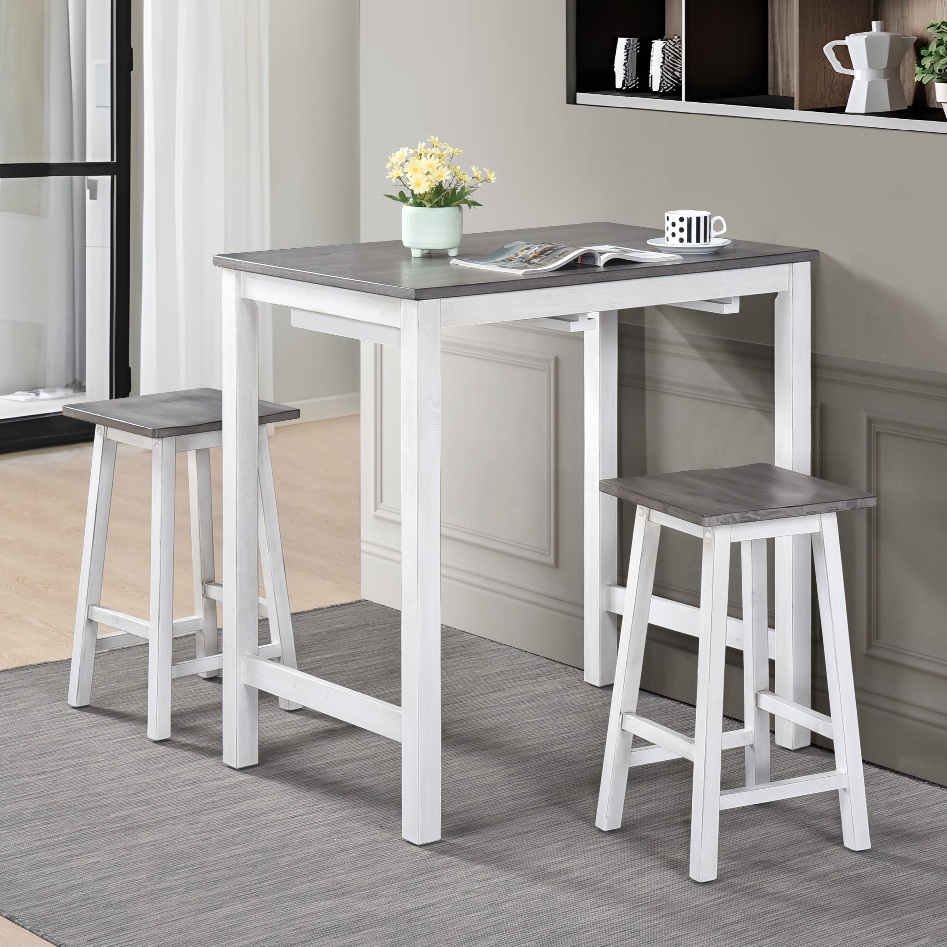 Lisonu 3 Piece Counter Height Dining Table Set, Solid Wood Farmhouse ...