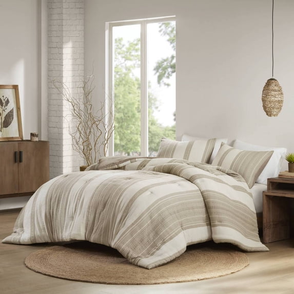 Lisonu 3-Piece Full/Queen Comforter Set, Boho Waffle Weave 100% Cotton Bedding, Oversized All-Season Comforter and 2 Shams, Tan