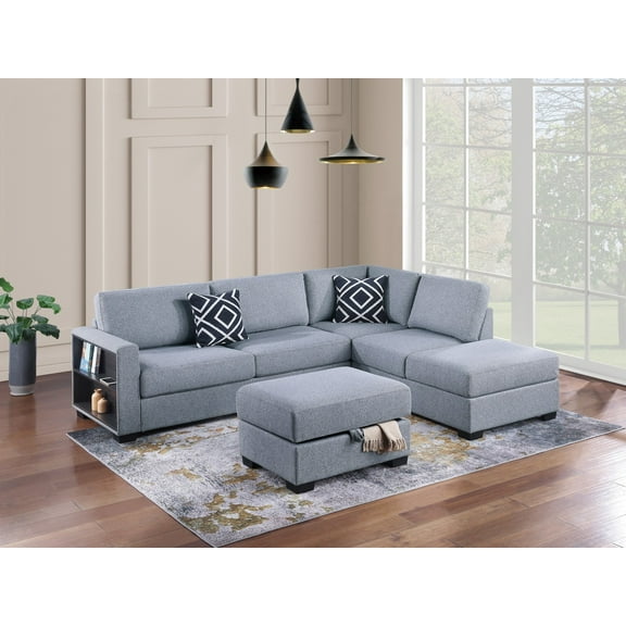 Lisonu 3-Piece Reversible Sectional Sofa, Gray Boucle L-Shaped Couch with Storage Ottoman, Armrest Shelf and Pillows for Living Room