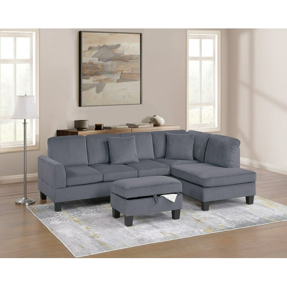Lisonu 3-Piece Sectional Sofa with Storage Ottoman, L-Shaped Corduroy Couch with Reversible Chaise and Two Pillows for Living Room, Dark Gray