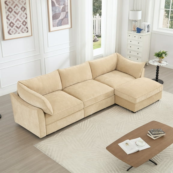 Lisonu 3-Seater Sectional Sofa with Storage, L-Shaped Couch with Pull-out Drawers and Movable Ottoman, Chenille Fabric in Wheat