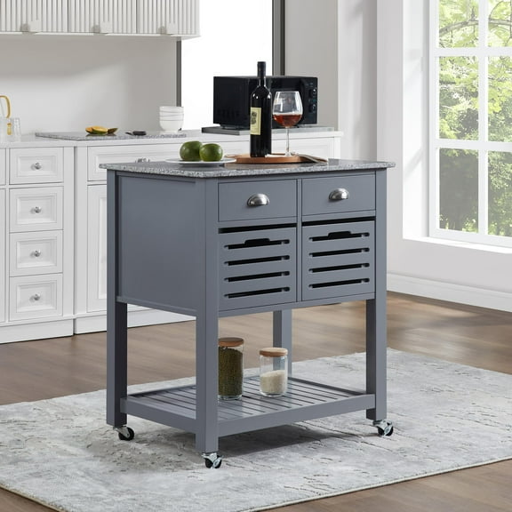 Lisonu 30-Inch Rolling Kitchen Island with Marble Top, Solid Wood Food Prep Cart with 4 Drawers & 2 Storage Bins, Mobile Kitchen Storage, Grey