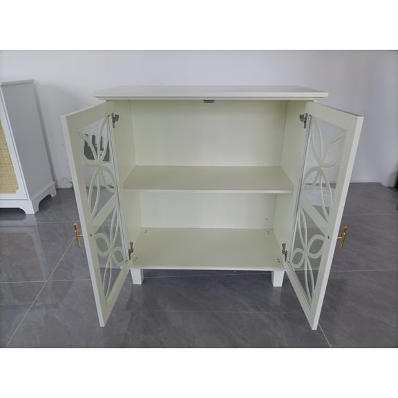 Lisonu 31.5" Sideboard Buffet Cabinet with Glass Doors, Modern Retro Accent Storage Cabinet with Adjustable Shelf, Freestanding Console for Kitchen, Dining Room, Living Room (Cream)