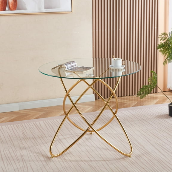 Lisonu 35" Modern Glass Dining Table, Square Kitchen Table with Gold Metal Legs, Tempered Glass Top for 4 People, Contemporary Dining Room Table
