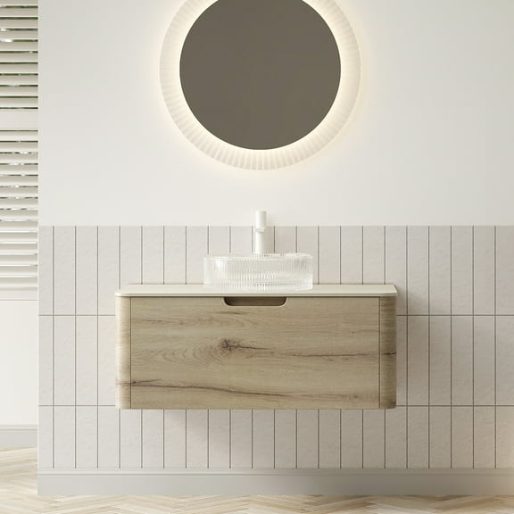 Lisonu 36" Floating Bathroom Vanity, White Oak Cabinet with Travertine Sintered Stone Top & Transparent Glass Vessel Sink, Pre-assembled