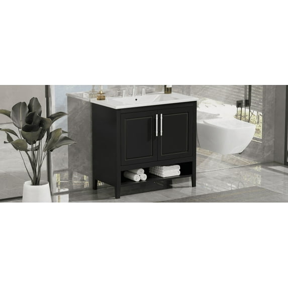 Lisonu 36 Inch Black Bathroom Vanity with Ceramic Sink, Solid Wood Frame & MDF Cabinet, 2 Doors, 2 Drawers, Open Shelf, Modern Freestanding Design