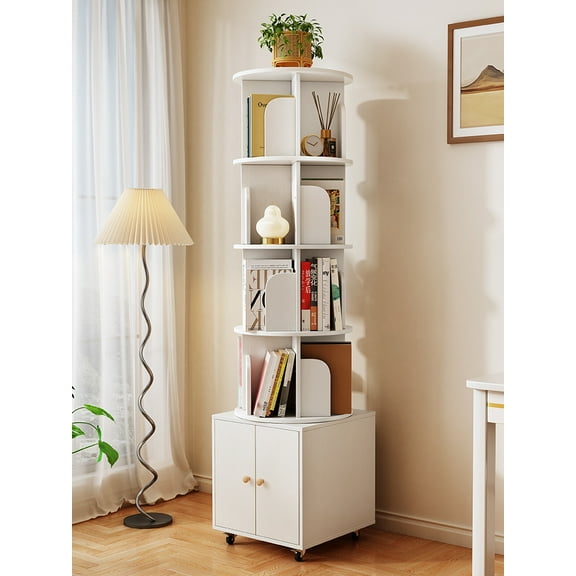 Lisonu 360° Rotating 5-Tier Bookshelf, Space-Saving Corner Bookcase with Drawer, White Wood Narrow Display Shelf for Small Spaces, Bedroom, or Living Room