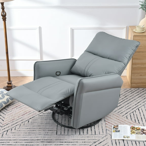 Lisonu 360° Swivel Rocker Recliner, Upholstered Fabric Glider Chair with Padded Arms, Modern Manual Reclining Chair for Living Room, Nursery, and Home Theater, Blue-Gray