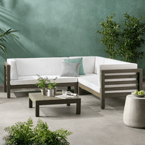 Lisonu 4-Piece Outdoor Sectional Set with White Acacia Wood Frame, V-Shaped Patio Furniture with Water-Resistant Gray Cushions