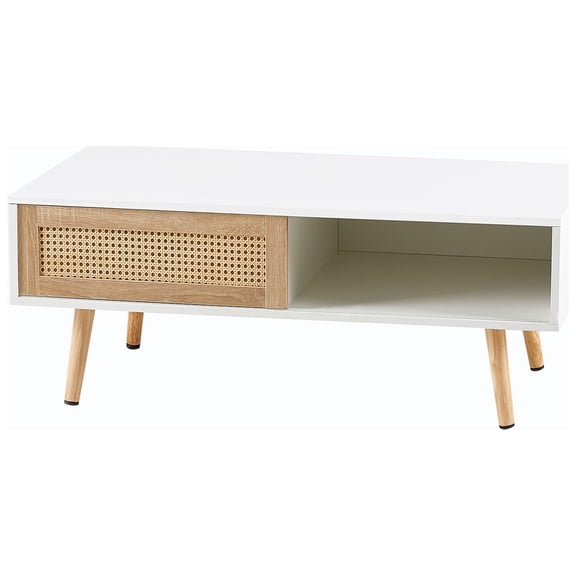 Lisonu 41.34" Rattan Coffee Table, Sliding Door for Storage, Solid Wood Legs, Modern Table for Living Room-White