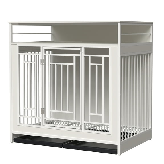 Lisonu 43.3 Inch Wooden Dog Crate Furniture with Divider and Storage, White