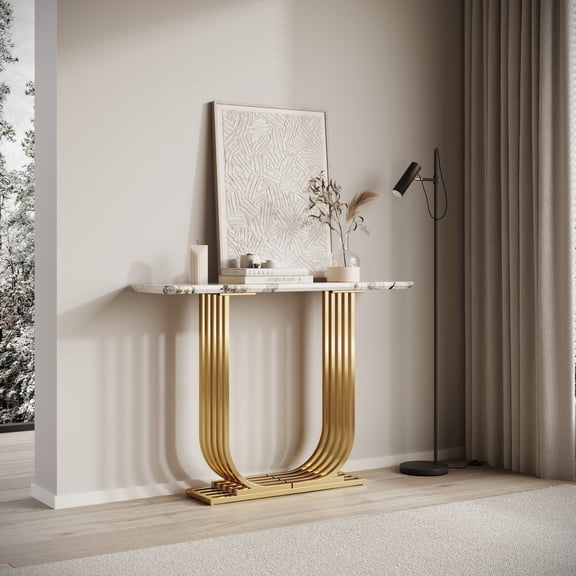 Lisonu 43.3-inch Console Table White Gold Imitation Marble Top, Narrow Entryway Hallway Sofa Table with Open Storage - Modern MDF & Gold Metal Frame Accent