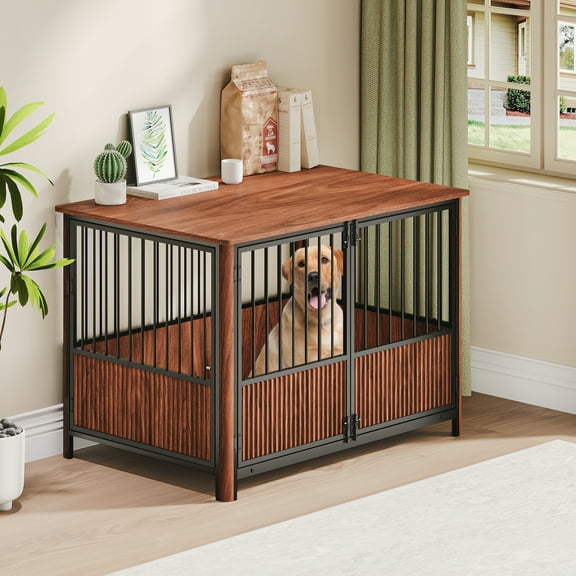 Lisonu 43" Furniture Style Dog Crate, Fluted Wood End Table Pet House with Double Doors for Large & Medium Dogs, Chew-Resistant Steel Indoor Kennel, Walnut