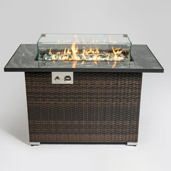 Lisonu 44" Propane Gas Fire Pit Table, 50000 BTU Rectangular Fire Pit, Tile Tabletop with Beautiful Wicker Base for Outside Patio Deck Garden Courtyard-Brown