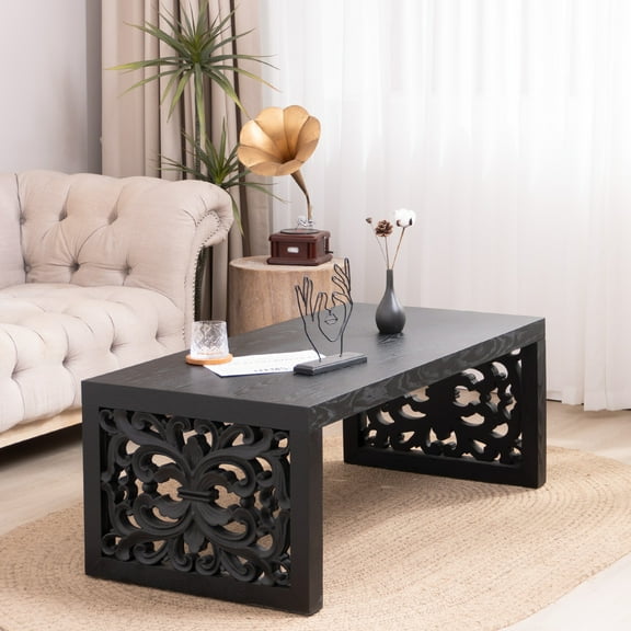 Lisonu 47" Bohemian Carved Coffee Table, Solid Black Wood Accent Table with Ornate Panels for Eclectic & Boho Living Room Decor