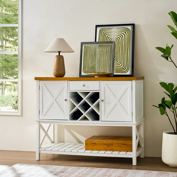 Lisonu 47" Farmhouse Coffee Bar Cabinet, Buffet Sideboard with Wine Rack, Drawer, and Storage Cabinet for Kitchen & Dining Room, White & Light Oak