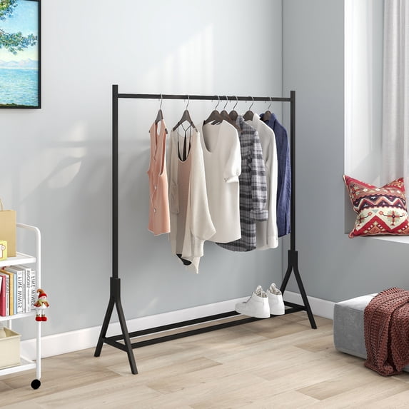 Lisonu 47" Industrial Garment Rack with Shelf, Freestanding A-Frame Clothing Rack with Bottom Shoe Storage, Heavy Duty Metal Hanger Stand for Bedroom, Entryway, Black
