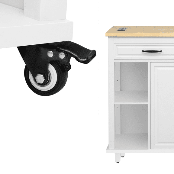 Lisonu 47" Kitchen Island with Extendable Dining Table, White Rolling Cart, Rubber Wood Top, Storage Cabinets & Drawers, Power Outlet, Embossed Texture, Wheels/Feet Options
