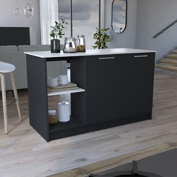 Lisonu 47" Rolling Kitchen Island with Extendable Dining Table, White & Natural Wood Top, Storage Cabinets, Drawers, Power Outlet, Embossed Design, Wheels/Feet Options