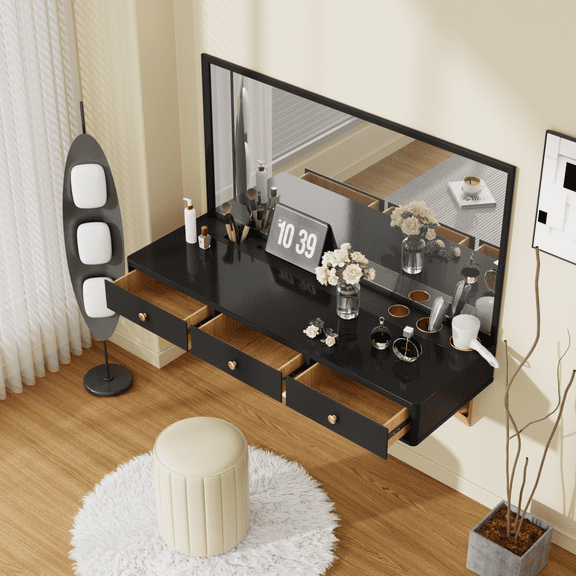 Lisonu 47" Wall-Mounted Floating Vanity Table with Drawers, Modern Black & Gold Makeup Desk with Glass Top, Multi-Purpose Wall Shelf for Bedroom, Bathroom, Home Office & Hairdressing Station