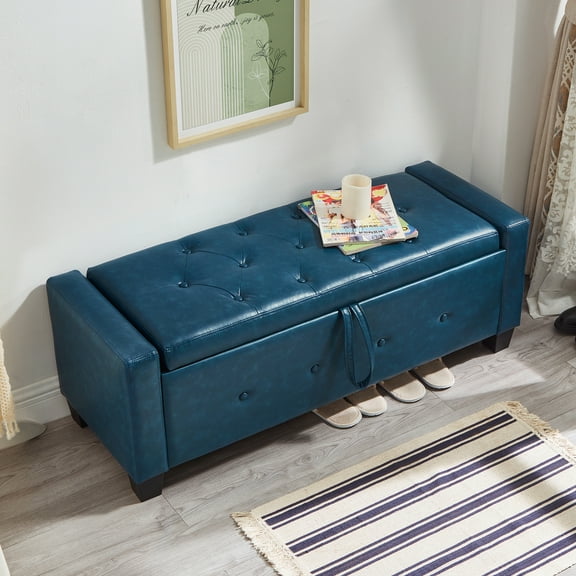 Lisonu 48-inch Tufted Storage Ottoman Bench, Blue Faux Leather PU Flip Top Bench for End of Bed, Entryway, and Living Room, Upholstered Rectangular Storage Chest